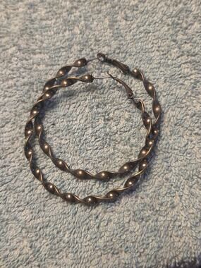 Vintage Bronze Tone Twisted Hoop Earrings Large Ribbon Wavy Spiral Cable Chic
